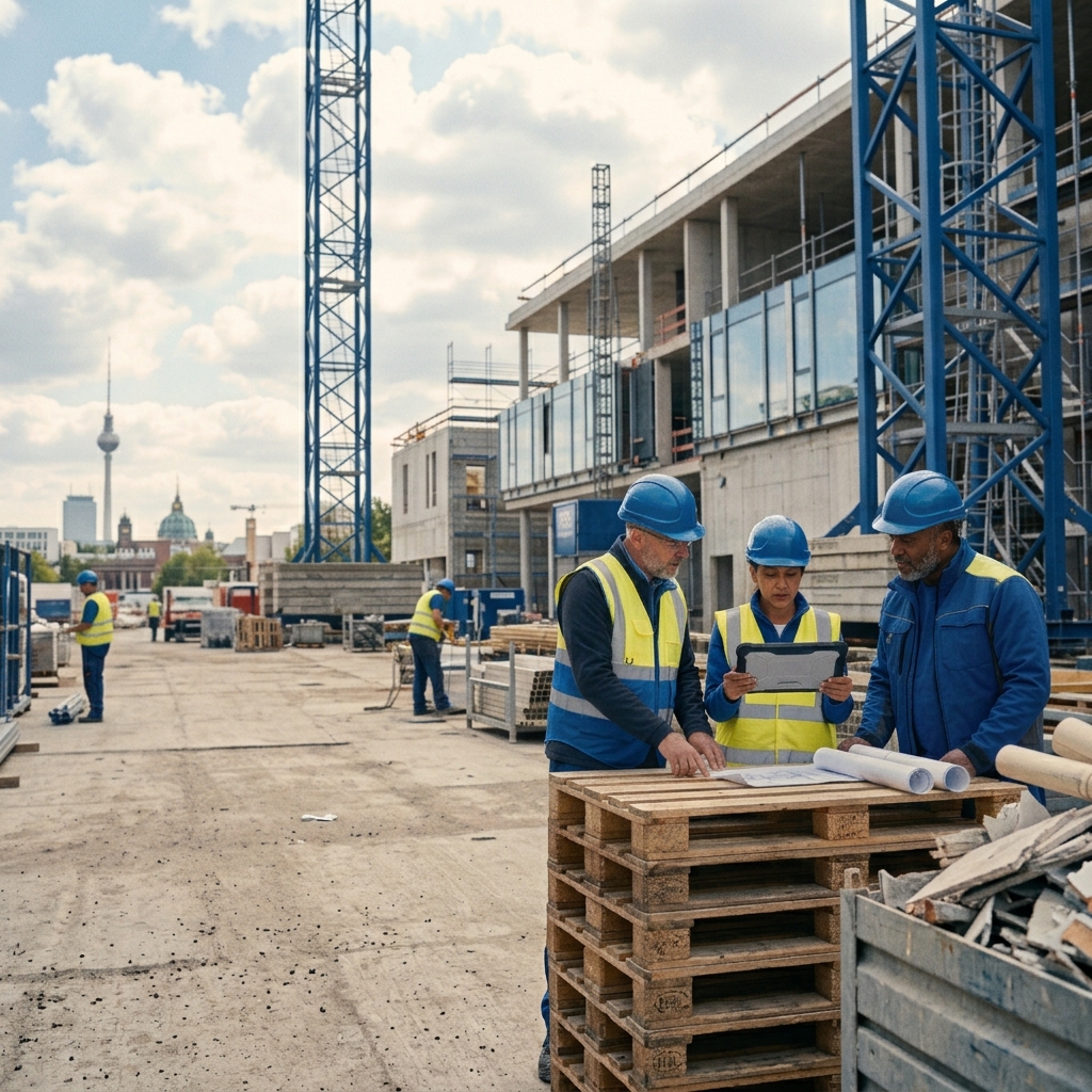 Moderne Baustelle vor der Skyline Berlins